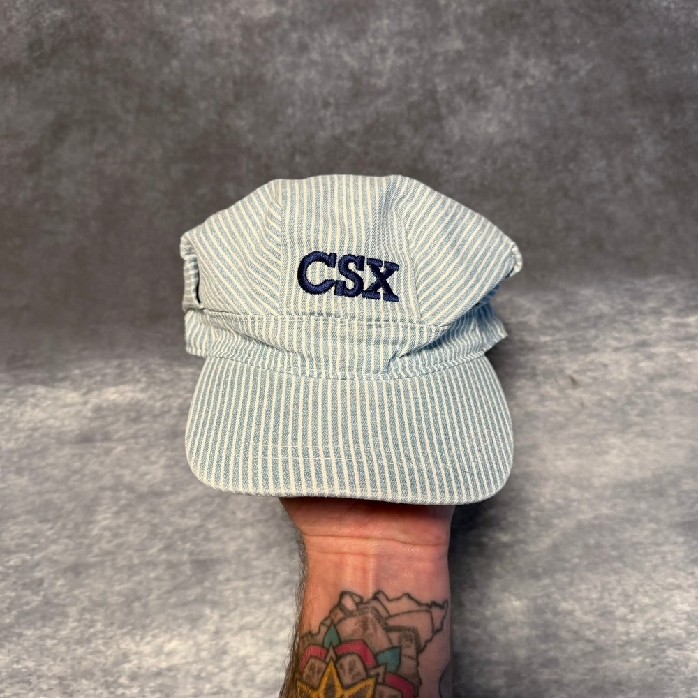 CSX Transportation Railroad Engineer Hat Hickory Stripe Blue White Cap 55cm